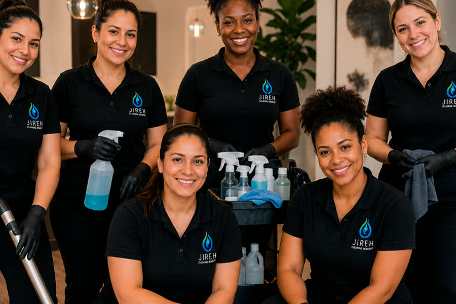 The Jireh team in matching black polos, gathered around their cleaning cart.