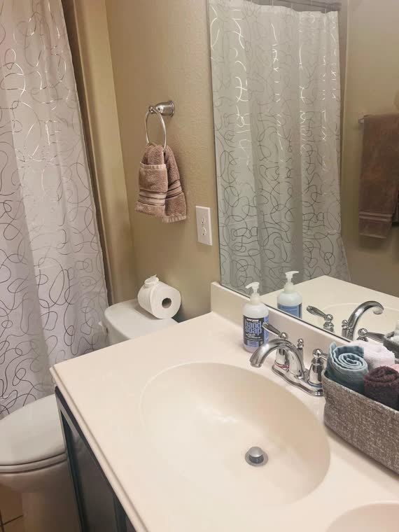 Bathroom with a vanity, mirror and shower curtain.